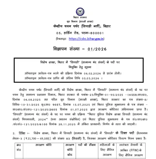 Bihar SSC Inter Level Vacancy 2025 official Notification of Bihar Police Special Branch Vacancy 2026