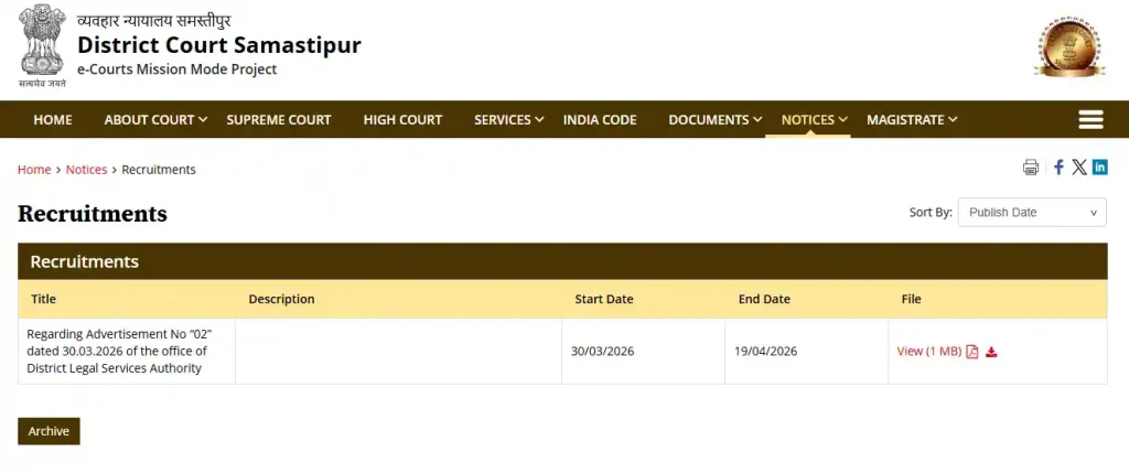 Form download link for Bihar Jila Court Vacancy 2026