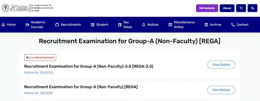 Bihar SSC Inter Level Vacancy 2025 Group A Recruitment apply option for AIIMS Group A (Non-Faculty) Recruitment 2026