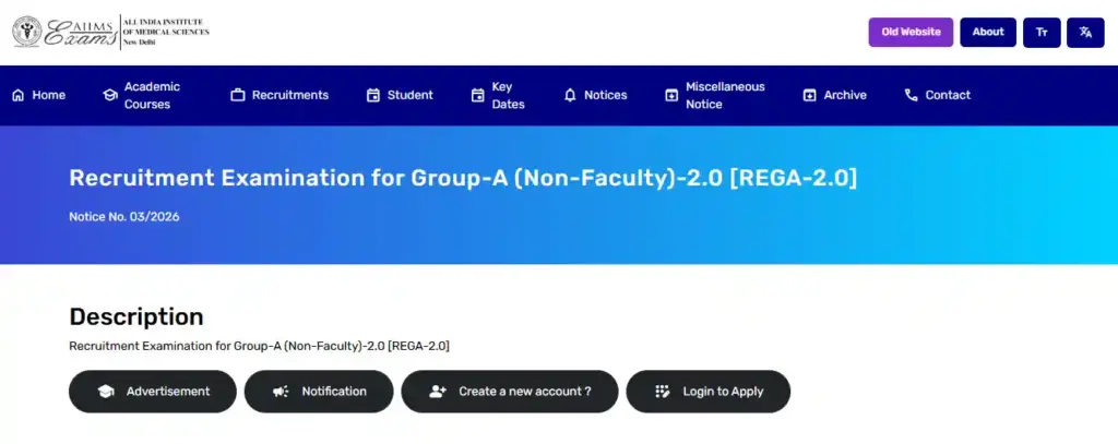 Bihar SSC Inter Level Vacancy 2025 registration and login option for AIIMS Group A (Non-Faculty) Recruitment 2026