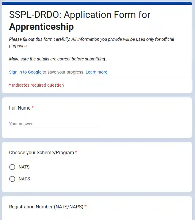 DRDO SSPL Apprentices Recruitment 2026 google form image for DRDO SSPL Apprentices Recruitment 2026