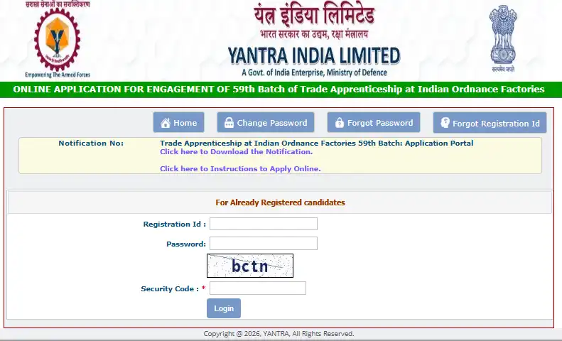 Login Form For Yantra India Apprentices Recruitment 2026