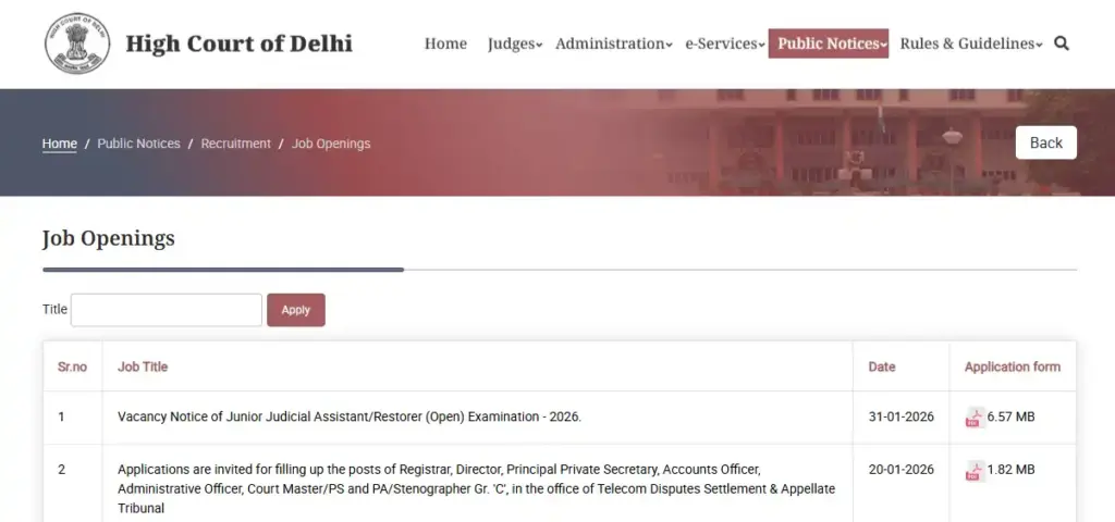 Job Opening page for Delhi High Court JJA Recruitment 2026
