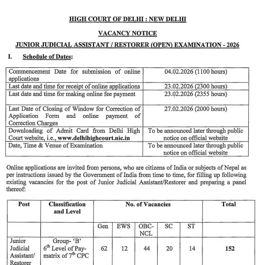 Official Notification image of Delhi High Court JJA Recruitment 2026