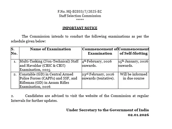 official notification image of Exam Date for SSC GD Constable Admit Card 2026