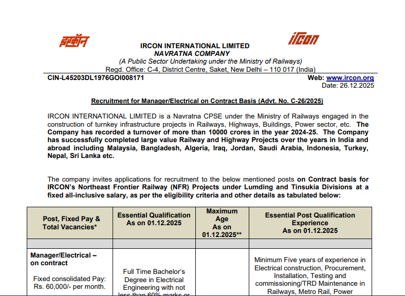 IRCON Manager Recruitment 2026 IRCON Manager Recruitment 2026 – Notification Details