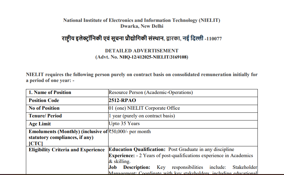NIELIT Recruitment 2026: Notification Detail