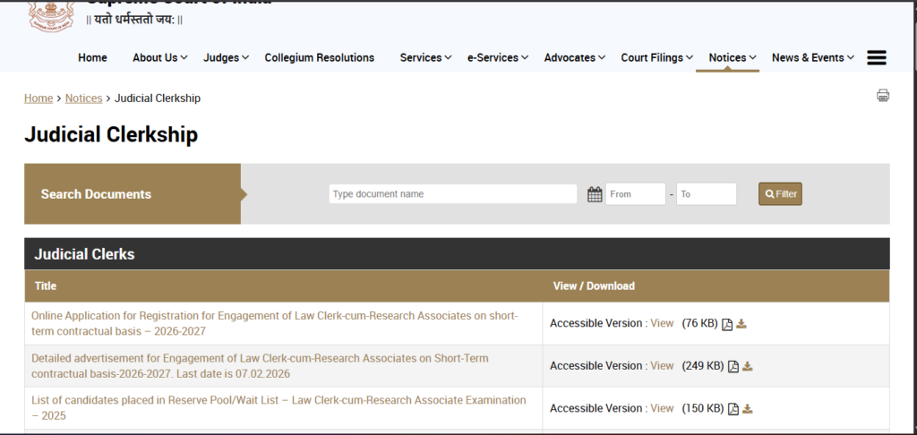 How to Apply Online for Supreme Court Law Clerk Recruitment 2026