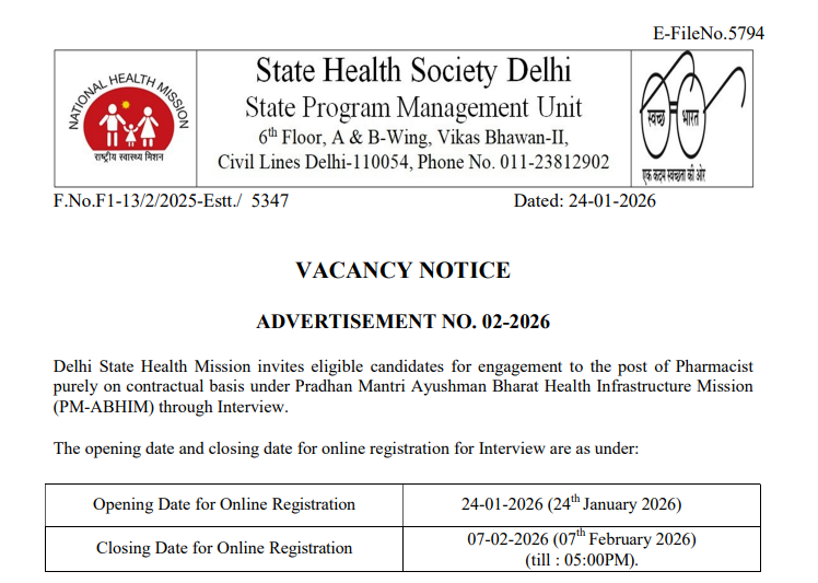 DSHM Pharmacist Recruitment 2026 Delhi State Health Mission Pharmacist Jobs 2026