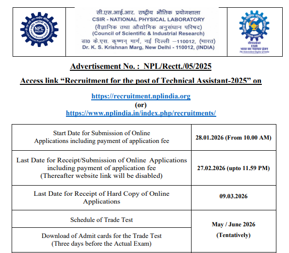 CSIR NPL Technical Assistant Recruitment 2026: Overview