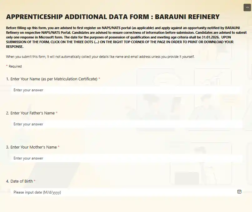 Bihar SSC Inter Level Vacancy 2025 Microsoft form for IOCL Barauni Refinery Apprentice Recruitment 2026
