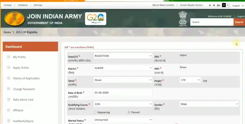 Fill Form for Indian Army Agniveer Rally Recruitment 2026