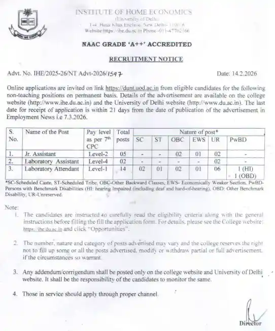 Official notification image of Delhi IHE DU Non Teaching Recruitment 2026