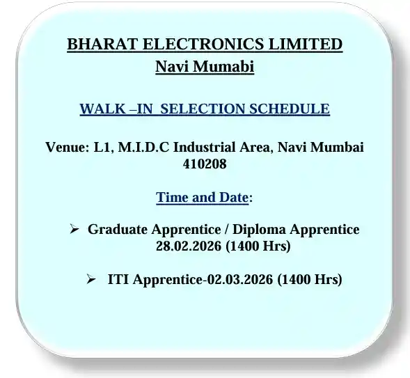 CSMC Group C Recruitment 2026 Walk in selection schedule image for BEL Apprentice Recruitment 2026