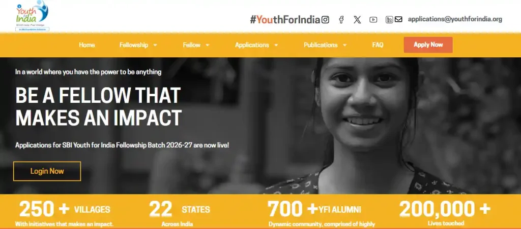 Youth for india website homepage for SBI Youth for India Fellowship 2026
