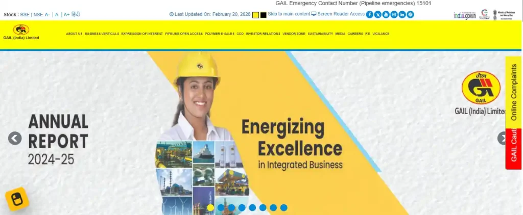 Bihar Mukhyamantri Medhavriti Yojana 2025 GAIL website homepage for GAIL Recruitment 2026