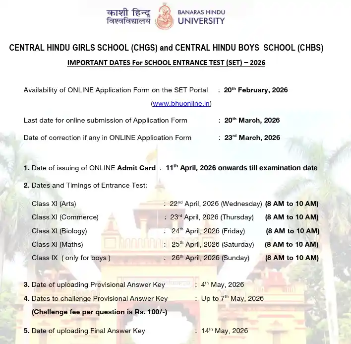 Official Notification image of BHU School Entrance Test SET 2026
