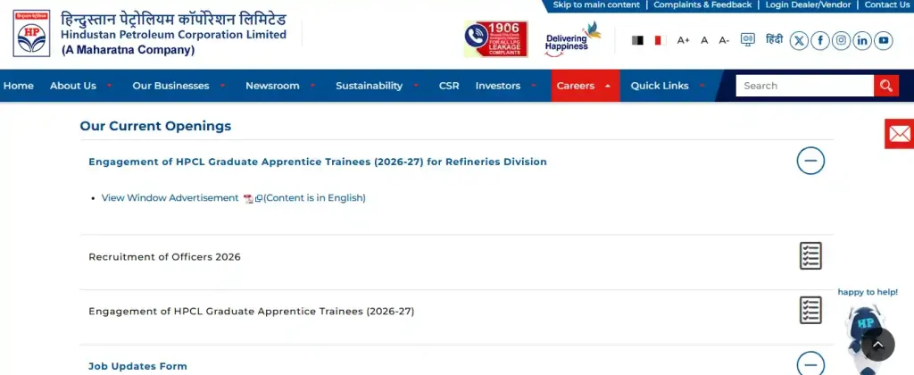 apply option for HPCL Graduate Apprentice Recruitment 2026