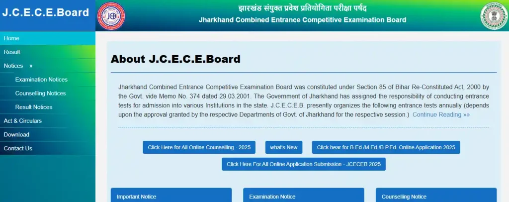 Bihar Mukhyamantri Udyami Yojana 2025-26 JCECE Board website homepage of JCECEB Jharkhand BEd Admissions 2026