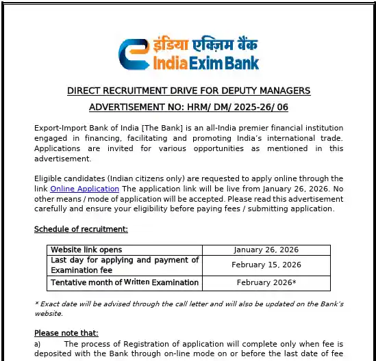 RRB Section Controller Answer Key 2026 Official Notitfication image of Exim Bank Deputy Managers Recruitment 2026