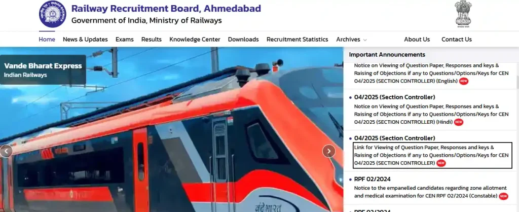 RRB Section Controller Answer Key 2026 RRB Ahmedabad website link RRB Section Controller Answer Key 2026