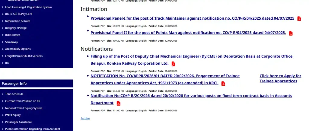 Apply option for Konkan Railway Apprentices Recruitment 2026