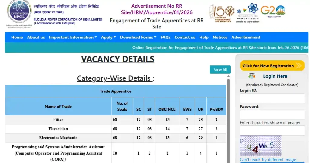 BARC ITI Apprentice Recruitment 2026 Registration and login option for NPCIL Rajasthan Trade Apprentice Recruitment 2026