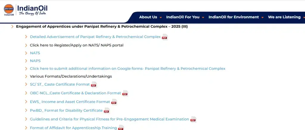 Apply Option for IOCL Panipat Refinery Apprentice Recruitment 2026