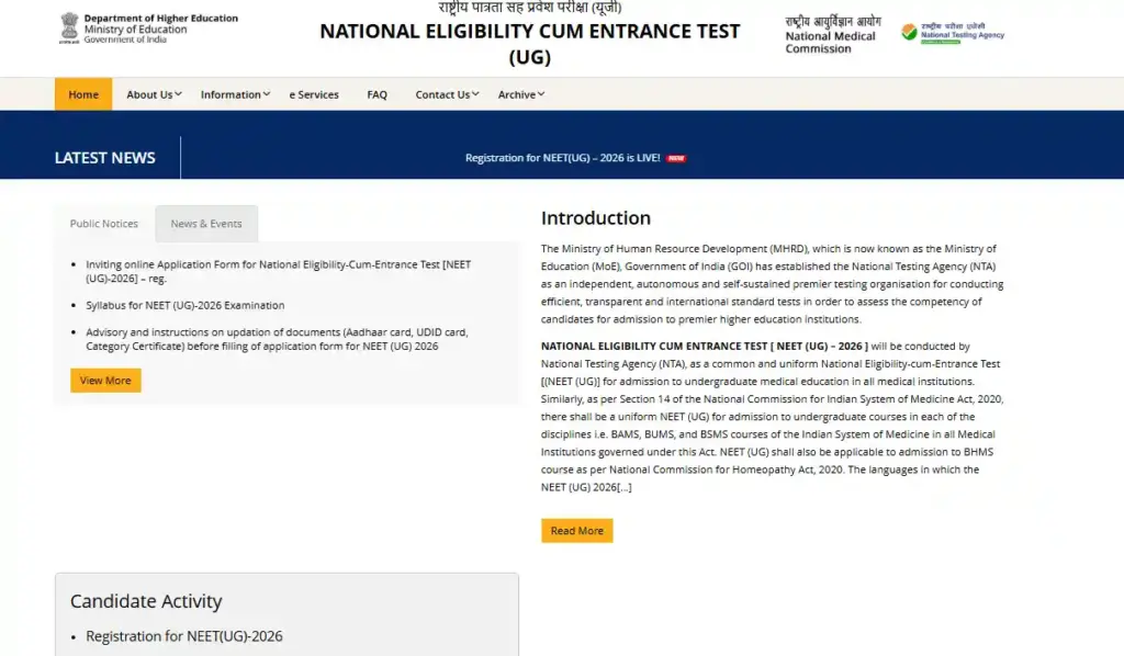 NEET UG apply option for NEET UG Admission 2026