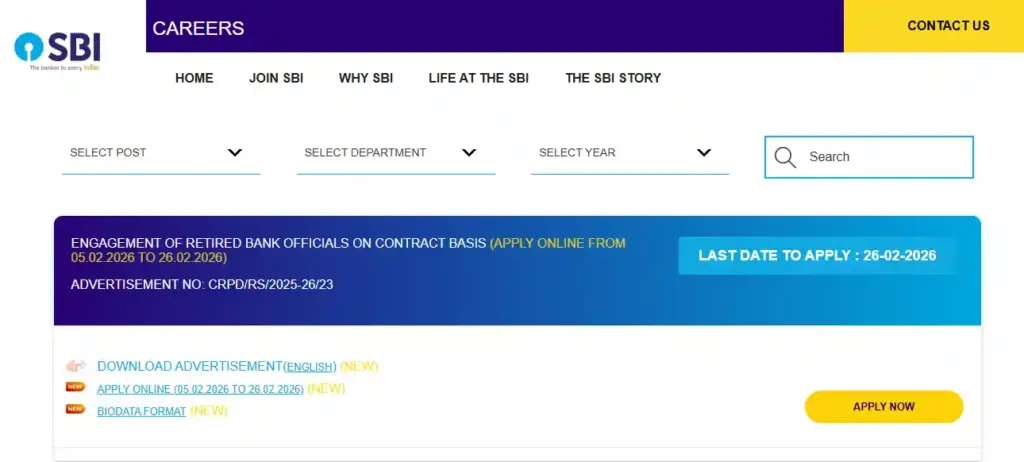 ENGAGEMENT OF RETIRED BANK OFFICIALS ON CONTRACT BASIS apply option for SBI FLC Counsellor and Director Recruitment 2026