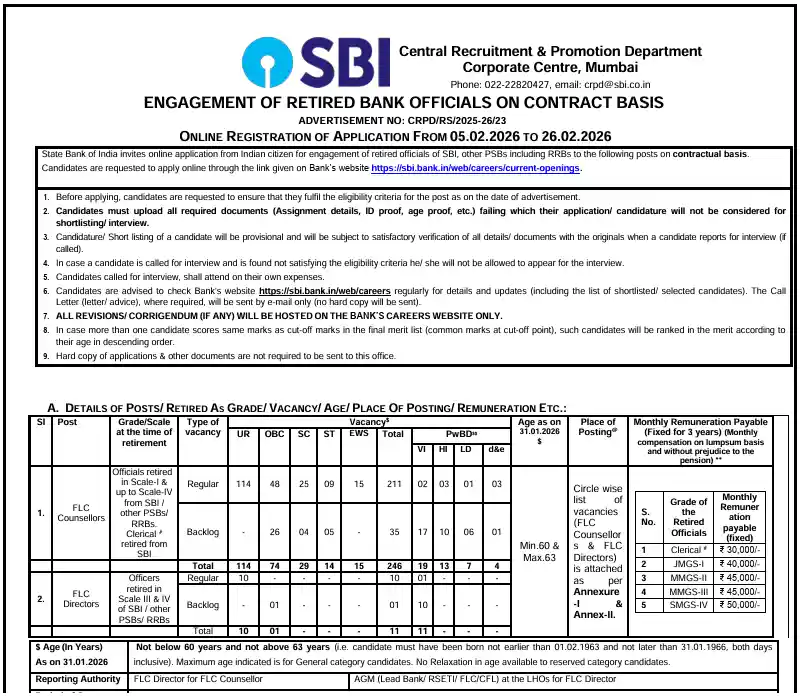 Official Notification image of SBI FLC Counsellor and Director Recruitment 2026