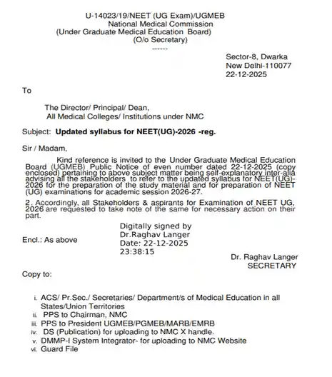 Official Notification image of NEET UG Exam Syllabus 2026