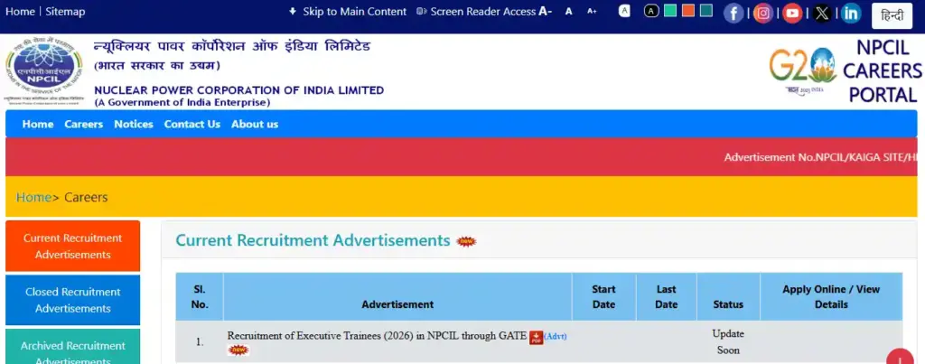 Apply Option for NPCIL Executive Trainee Recruitment 2026