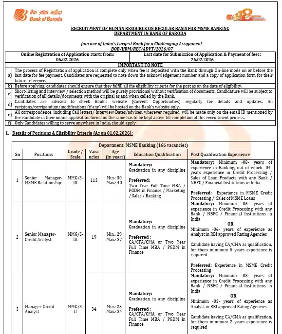 Official Notification image of Bank of Baroda Recruitment 2026