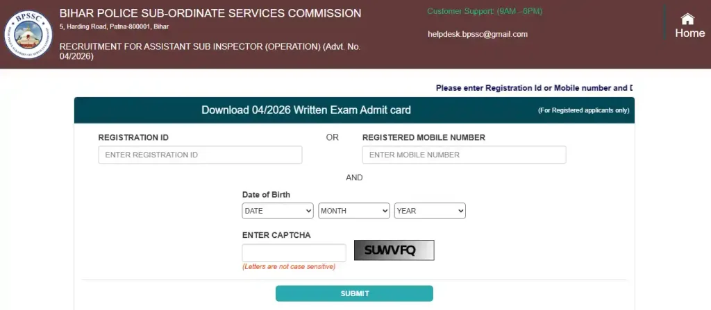 Login form image for Bihar Police ASI Admit Card 2026