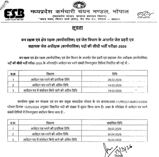 Date extended Notice of MPESB Van Rakshak and Jail Prahari Recruitment 2026
