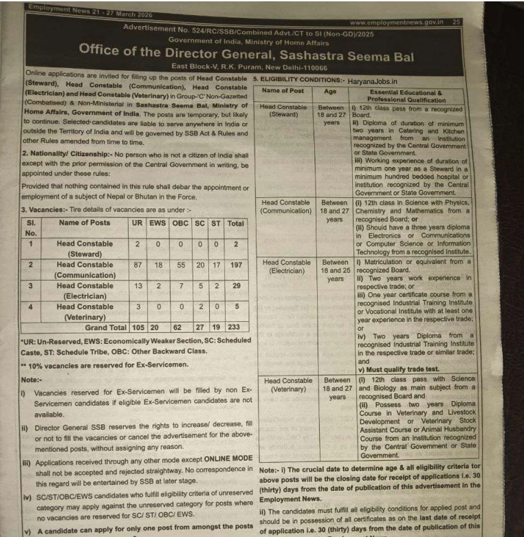 Offcial Website for SSB Head Constable Recruitment 2026