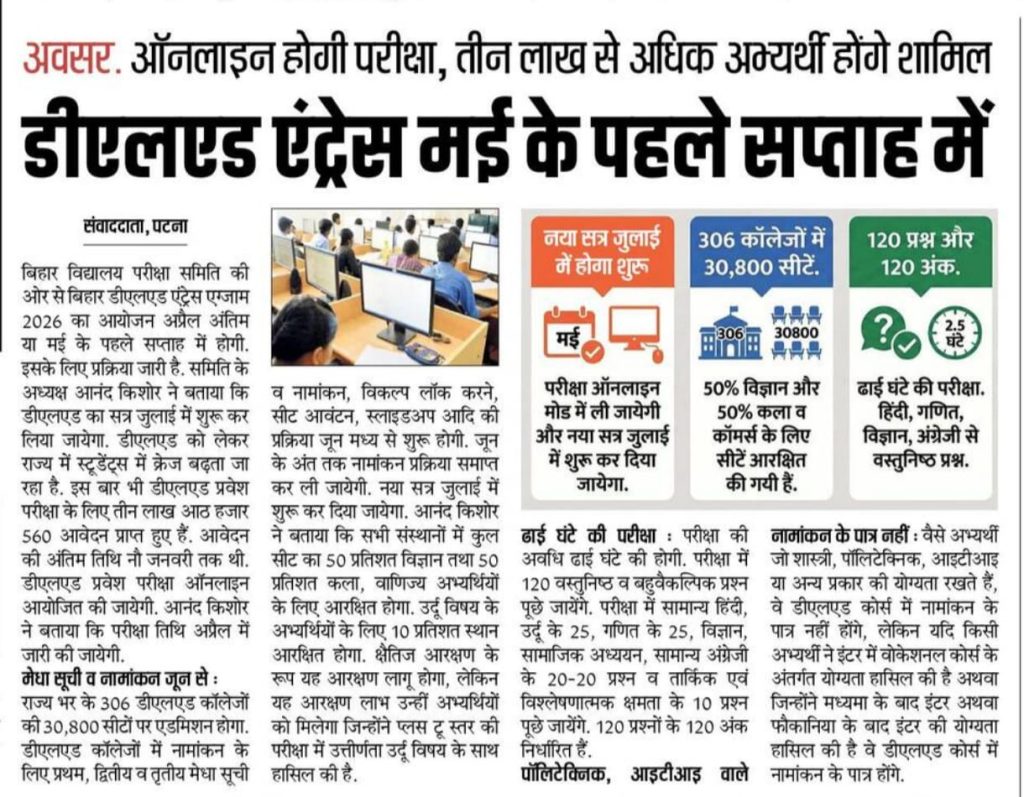 Bihar D.EL.ED Entrance Exam Date 2026