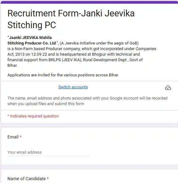 Bihar ITI Admission 2026 Google form image for Bihar Jeevika Vacancy 2026