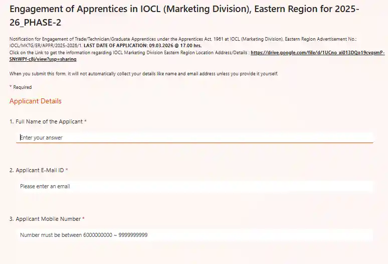 Microsoft form image for IOCL Marketing Division Apprentice Recruitment 2026