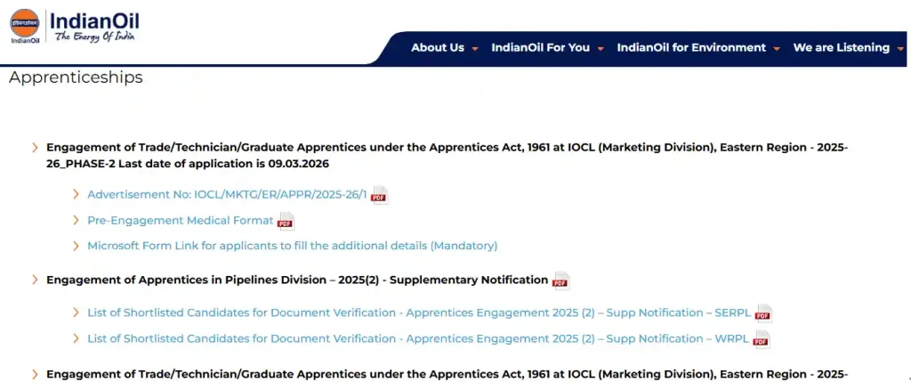 Apply option for IOCL Marketing Division Apprentice Recruitment 2026