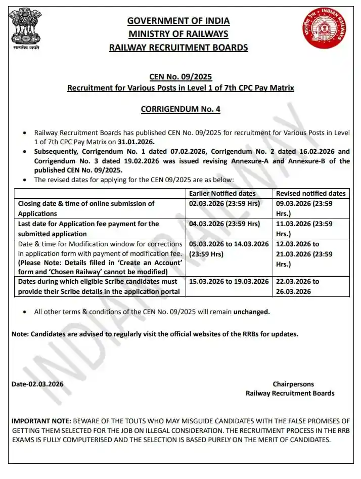 Date extended notification of RRB Group D Recruitment 2026
