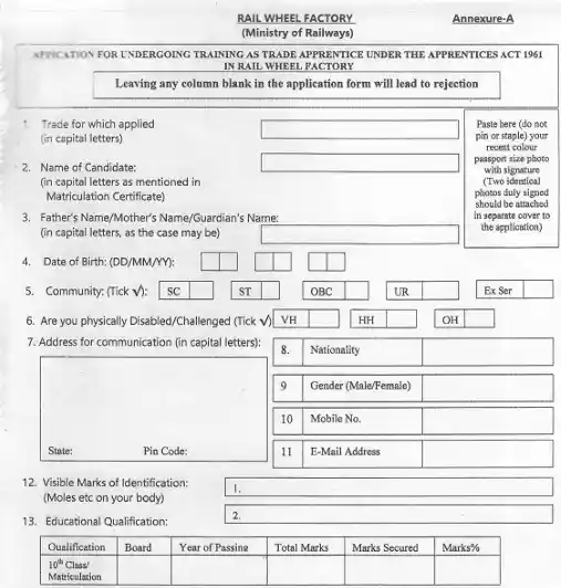Form image of Rail Wheel Factory Apprentice Recruitment 2026