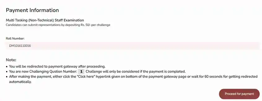 Payment information image for SSC MTS Answer Key 2026