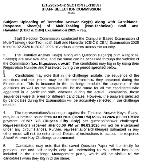 Notification image of SSC MTS Answer Key 2026