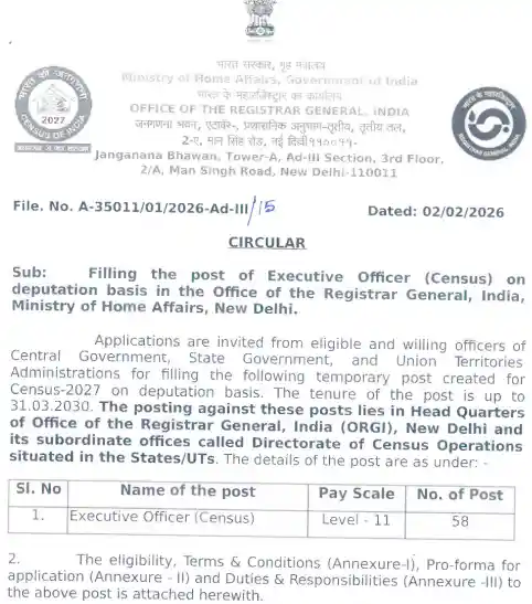 Official Notification image of Registrar General MHA Executive Officer (Census) Recruitment 2026