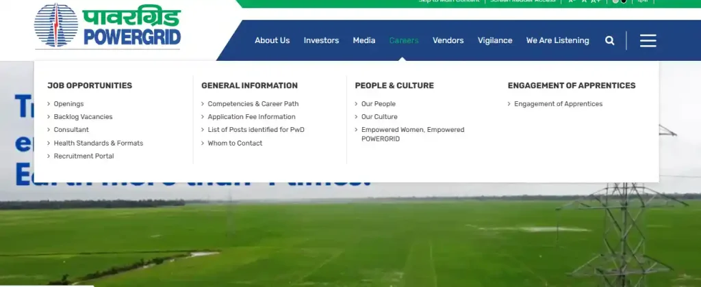 Powergrid website home page for POWERGRID Apprentices Recruitment 2026
