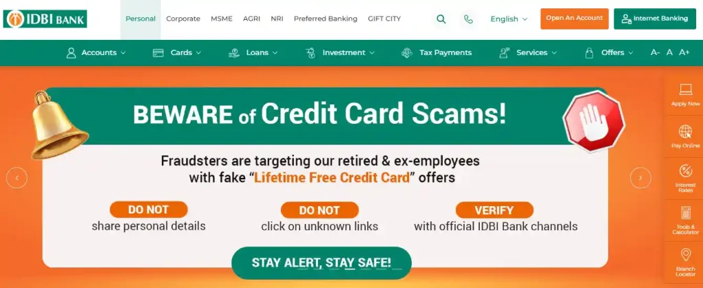 IDBI Bank website homepage for IDBI Bank Recruitment 2026