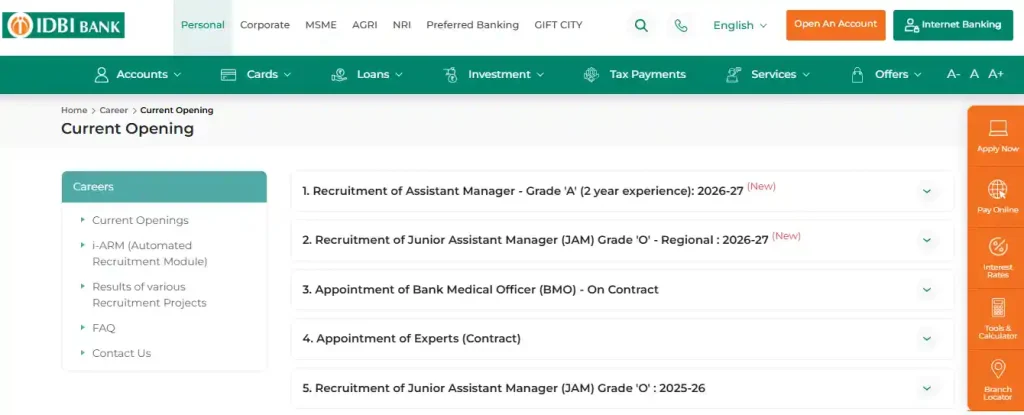 Apply option for IDBI Bank Recruitment 2026