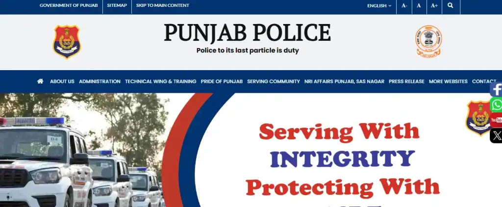 Punjab Police website homepage for Punjab Police Constable Recruitment 2026